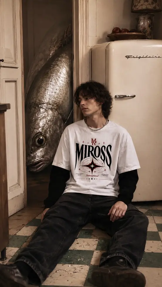 MIROSS starburst graphic tee — kitchen editorial with fish