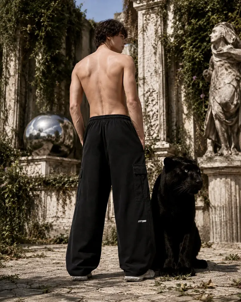 MIROSS editorial — panther & ruins, cargo sweatpants