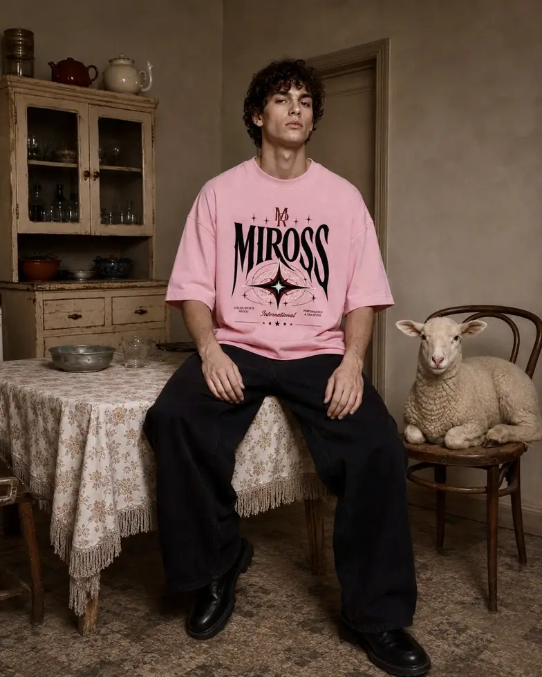MIROSS pink starburst tee — rustic kitchen with lamb