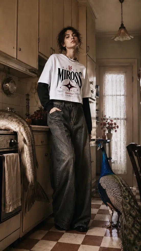 MIROSS cropped starburst tee — peacock kitchen editorial
