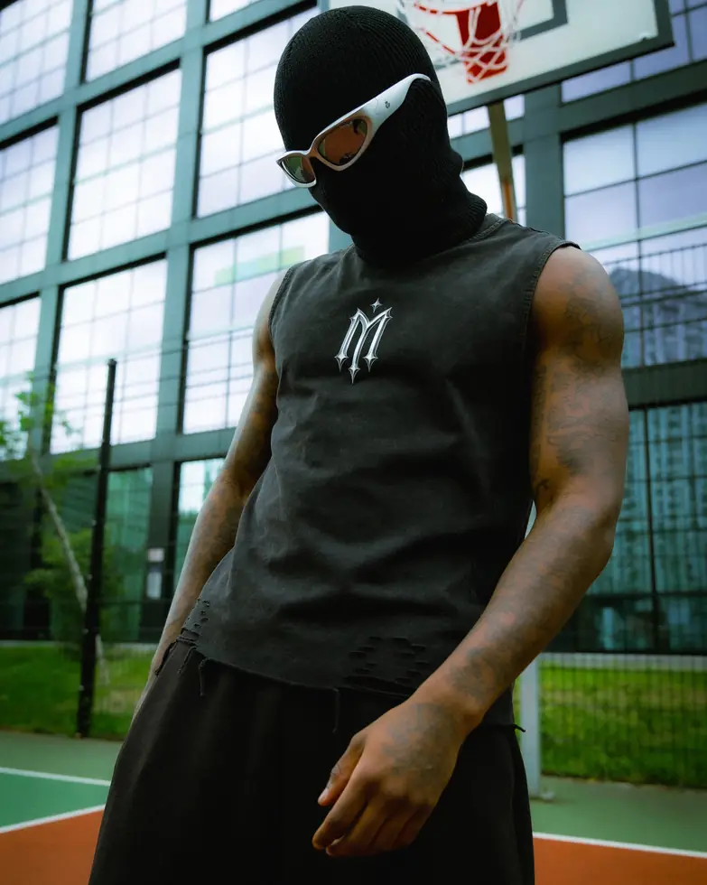 MIROSS washed sleeveless logo tee — masked court portrait