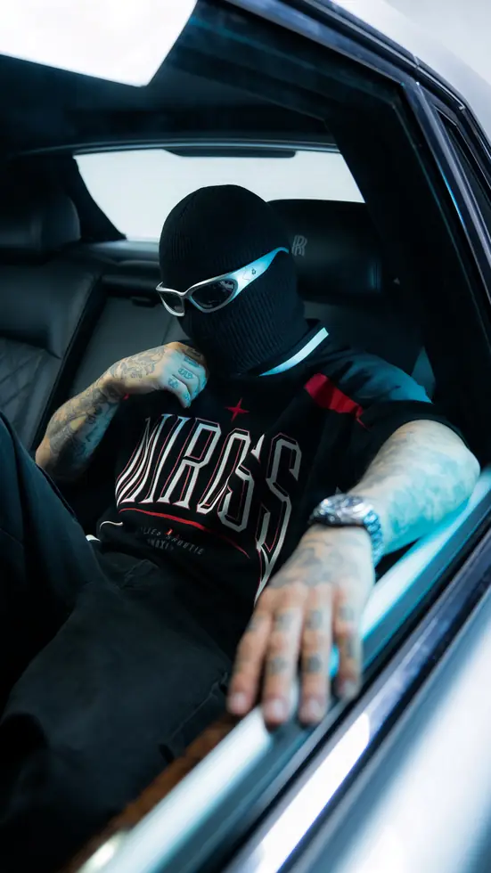 MIROSS baseball jersey — masked car interior editorial