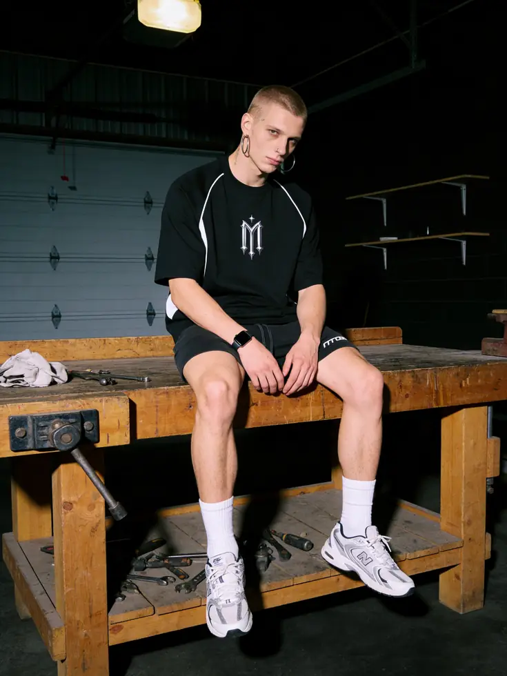 MIROSS crest raglan tee & shorts — workshop bench editorial